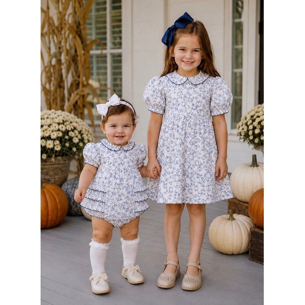 Classic Whimsy Sister Set Blue White Pumpkin Floral  Sz 5 & 9M Fall Thanksgiving